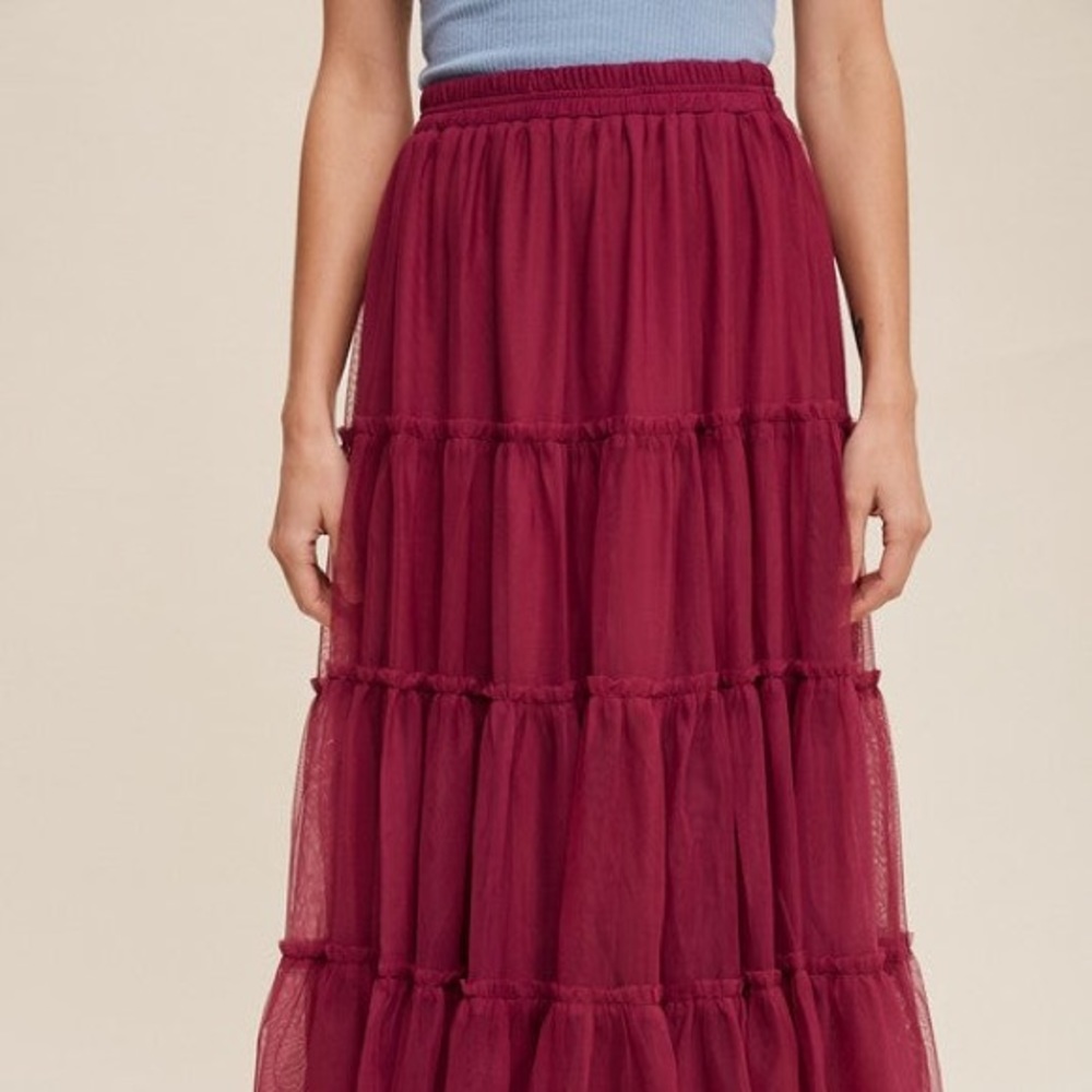 Flouncy Tiered Mesh Skirt in Maroon Berry - Picture 10 of 17